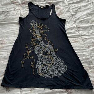 Andrew Charles black embroidered guitar gold and silver tank tunic, size XS